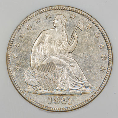 Obverse of a United States 1861 Seated Liberty 50 Cents Half Dollar silver coin recovered from the SS Republic shipwreck (SKU: 1831109-007), featuring Liberty seated on a rock holding a staff with a Phrygian cap and supporting a shield inscribed with LIBERTY, surrounded by 13 stars and the date 1861.