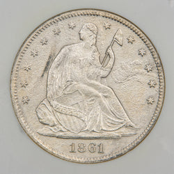 Obverse of a United States 1861 Seated Liberty 50 Cents Half Dollar silver coin recovered from the SS Republic shipwreck, featuring Liberty seated on a rock holding a staff with a Phrygian cap and supporting a shield inscribed with LIBERTY, surrounded by 13 stars and the date 1861.