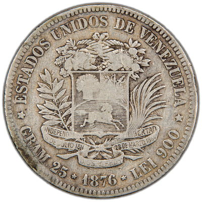 Reverse of a Venezuela 1876 1 Venezolano silver coin (SKU: SP2903), displaying the national coat of arms of Venezuela flanked by laurel and olive branches, surrounded by the outer legend ESTADOS UNIDOS DE VENEZUELA with the denomination 1 VENEZOLANO, weight, fineness, and date 1876 below.