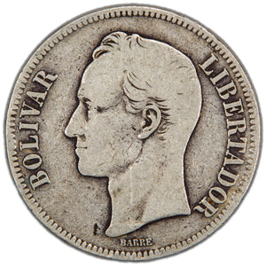 Venezuela 1886 5 Bolivares Silver Coin