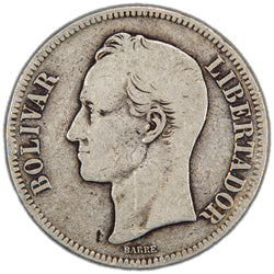 Obverse of a Venezuela 1886 5 Bolívares silver coin (SKU: SP2904), featuring the left-facing head profile portrait of Simón Bolívar within an inner ring, surrounded by the outer legend BOLIVAR LIBERTADOR with BARRE below the bust.