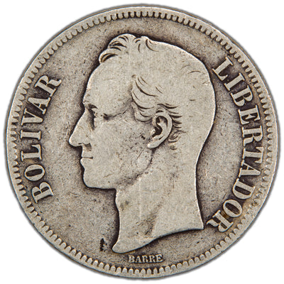 Obverse of a Venezuela 1886 5 Bolívares silver coin (SKU: SP2904), featuring the left-facing head profile portrait of Simón Bolívar within an inner ring, surrounded by the outer legend BOLIVAR LIBERTADOR with BARRE below the bust.