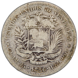 Reverse of a Venezuela 1886 5 Bolívares silver coin (SKU: SP2904), displaying the national coat of arms of Venezuela flanked by branches, surrounded by the outer legend ESTADOS UNIDOS DE VENEZUELA with the denomination 5 BOLIVARES, weight, fineness, and date 1886 below.