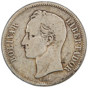 Venezuela 1888 5 Bolivares Silver Coin