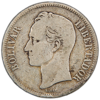 Obverse of a Venezuela 1888 5 Bolívares silver coin (SKU: SP2906), featuring the left-facing head profile portrait of Simón Bolívar within an inner circle, surrounded by the outer legend BOLIVAR LIBERTADOR with BARRE below the bust.