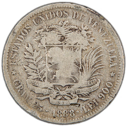 Reverse of a Venezuela 1888 5 Bolívares silver coin (SKU: SP2906), displaying the national coat of arms of Venezuela flanked by branches, surrounded by the outer legend ESTADOS UNIDOS DE VENEZUELA with the denomination 5 BOLIVARES, weight (GR. 25), fineness (LEI 900), and date 1888 below.