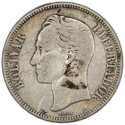 Obverse of a Venezuela 1901 5 Bolívares silver coin (SKU: SP2905), featuring the left-facing head profile portrait of Simón Bolívar within an inner circle, surrounded by the outer legend BOLIVAR LIBERTADOR with BARRE below the bust.