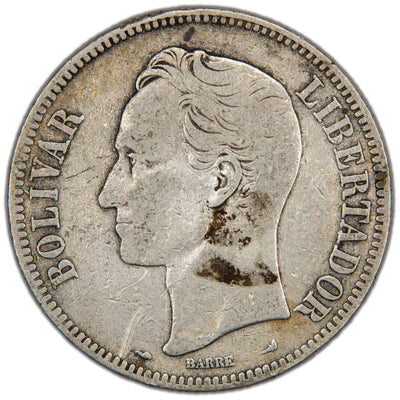 Obverse of a Venezuela 1901 5 Bolívares silver coin (SKU: SP2905), featuring the left-facing head profile portrait of Simón Bolívar within an inner circle, surrounded by the outer legend BOLIVAR LIBERTADOR with BARRE below the bust.