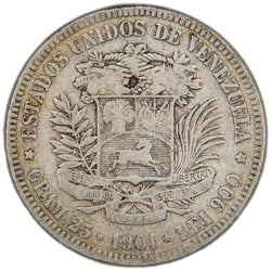 Reverse of a Venezuela 1901 5 Bolívares silver coin (SKU: SP2905), displaying the national coat of arms of Venezuela flanked by branches, surrounded by the outer legend ESTADOS UNIDOS DE VENEZUELA with the denomination 5 BOLIVARES, weight (GR. 25), fineness (LEI 900), and date 1901 below.