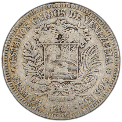 Reverse of a Venezuela 1901 5 Bolívares silver coin (SKU: SP2905), displaying the national coat of arms of Venezuela flanked by branches, surrounded by the outer legend ESTADOS UNIDOS DE VENEZUELA with the denomination 5 BOLIVARES, weight (GR. 25), fineness (LEI 900), and date 1901 below.