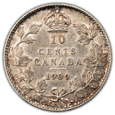 Canada 1909 Broad Leaves 10 Cents Dime Silver Coin - VF-30