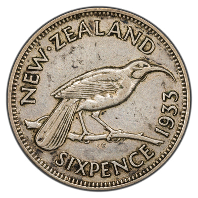 New Zealand 1933 6 Pence Silver Coin KM #2