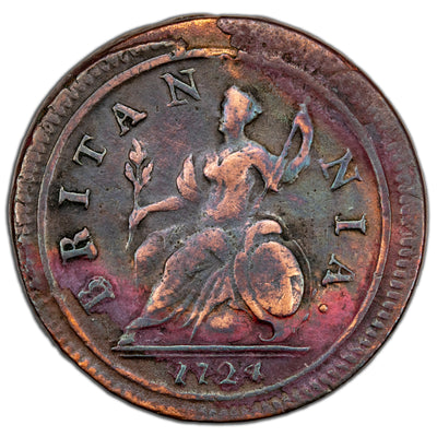 Great Britain 1724 1/2 Half Penny Coin KM #557- Cleaned