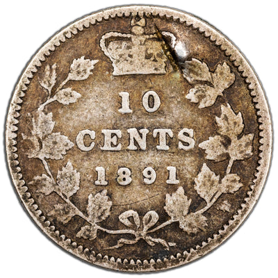 Canada 1891 22 Leaves 10 Cents Dime Silver Coin - Damage