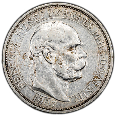 SOLD Hungary 1907 Coronation Anniversary 5 Korona Silver Coin KM #489 - Cleaned