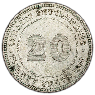 Straits Settlements 1891 20 Cents Silver Coin KM #12 - Cleaned