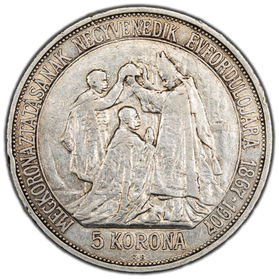 SOLD Hungary 1907 Coronation Anniversary 5 Korona Silver Coin KM #489 - Cleaned