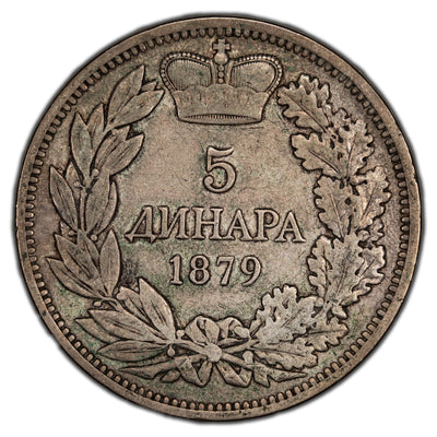 SOLD Serbia 1879 5 Dinars Silver Coin KM #12