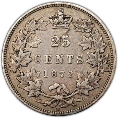 Canada 1872-H 25 Cents Quarter Silver Coin - Very Fine