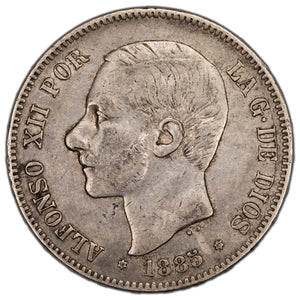 SOLD Spain 1885 MPM 5 Pesetas Silver Coin