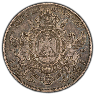 SOLD Mexico Empire of Maximilian 1866 Mo 1 One Peso Silver Coin  KM #388