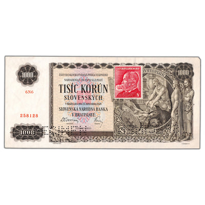 SOLD SSlovakia 1940 1000 Korun Specimen Note P #13s - Missing Small Corner Piece