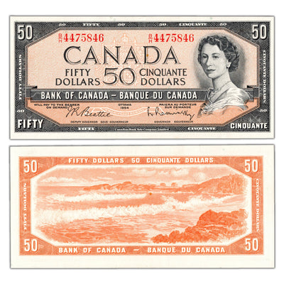 SOLD $50 1954 Bank of Canada Beattie-Rasminsky B/H Prefix BC-42b - AU/UNC