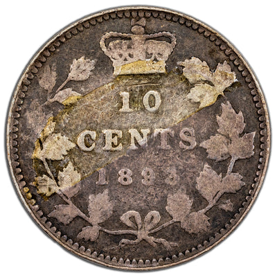 Canada 1893 Flat Top 3 Obv. 5 10 Cents Dime Silver Coin - G-6 (rolled rim)