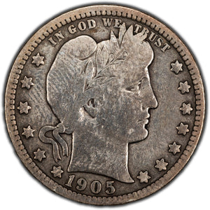United States 1905-O 25 Cents Barber Quarter Silver Coin - Cleaned