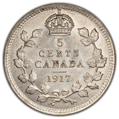 Canada 1917 5 Cents Silver Coin - AU-58