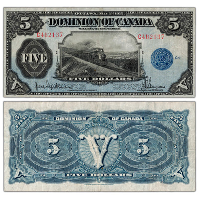$5 1912 Dominion of Canada Note Seal Only DC-21g - VF/EF (small tear)