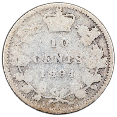 Canada 1894 Obv. 5 10 Cents Dime Silver Coin - aG