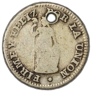 SOLD Peru 1833-B 1/2 Real Silver Coin KM #144 - Holed