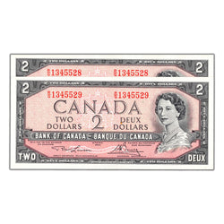 SOLD $2 1954 Bank of Canada Notes R/G Prefix BC-38d - 2 Consecutive UNC