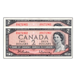 SOLD $2 1954 Bank of Canada Notes A/R Changeover Prefix BC-38b - 2 Consecutive AU