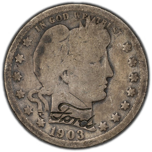 SOLD United States 1903 25 Cents Barber Quarter Silver Coin - "Ford" Counterstamp