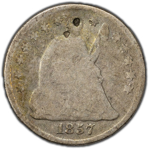 SOLD United States 1857 5 Cents Seated Liberty Half Dime Silver Coin - Damaged