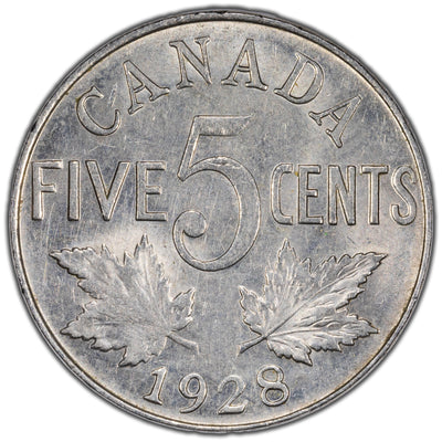 Canada 1928 5 Cents Nickel Coin - AU