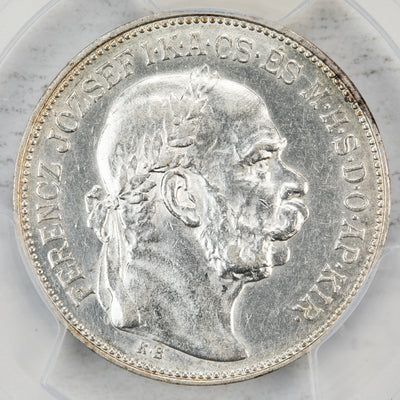 SOLD Hungary 1914-KB 2 Korona Silver Coin KM #493 - PCGS AU Detail Cleaned