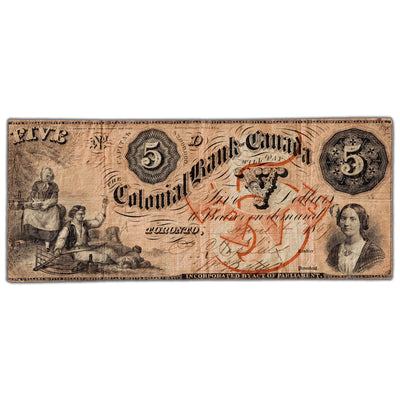 SOLD $5 1859 Colonial Bank of Canada Chartered Note #130-10-02-10 - Pinholes