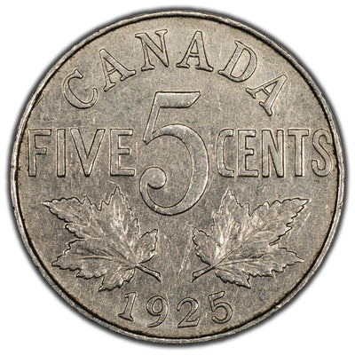 Canada 1925 5 Cents Nickel Coin - Key Date - Fine+