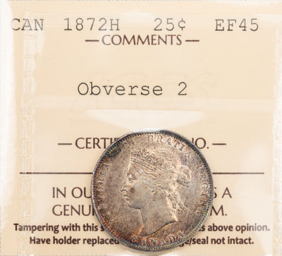 Canada 1872-H Obv 2 25 Cents Quarter Silver Coin - ICCS EF-45