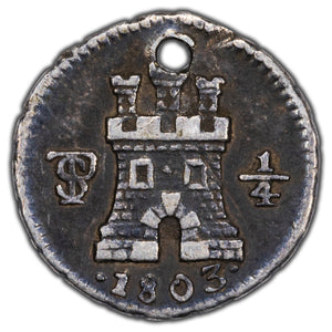SOLD Bolivia 1803 1/4 Real Silver Coin KM #82 - Holed