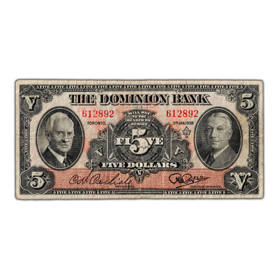 SOLD $5 1938 The Dominion Bank Canada Chartered Note #220-28-04 - Fine