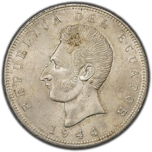 SOLD Ecuador 1944 5 Sucres Silver Coin KM #79  - AU+