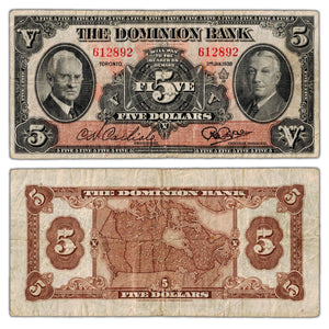 SOLD $5 1938 The Dominion Bank Canada Chartered Note #220-28-04 - Fine