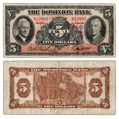 SOLD $5 1938 The Dominion Bank Canada Chartered Note #220-28-04 - Fine