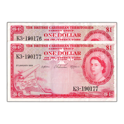 SOLD British Caribbean Territories 1959 $1 One Dollar Notes P #7c - 2 Consecutive VF+