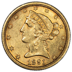 United States 1891-CC $5 Five Dollar Liberty Head Half Eagle Gold Coin