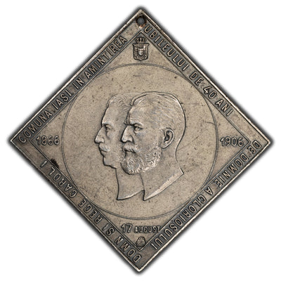 SOLD Romania 106-1906 Carol I Jubilee Klippe Silver Medal - Holed
